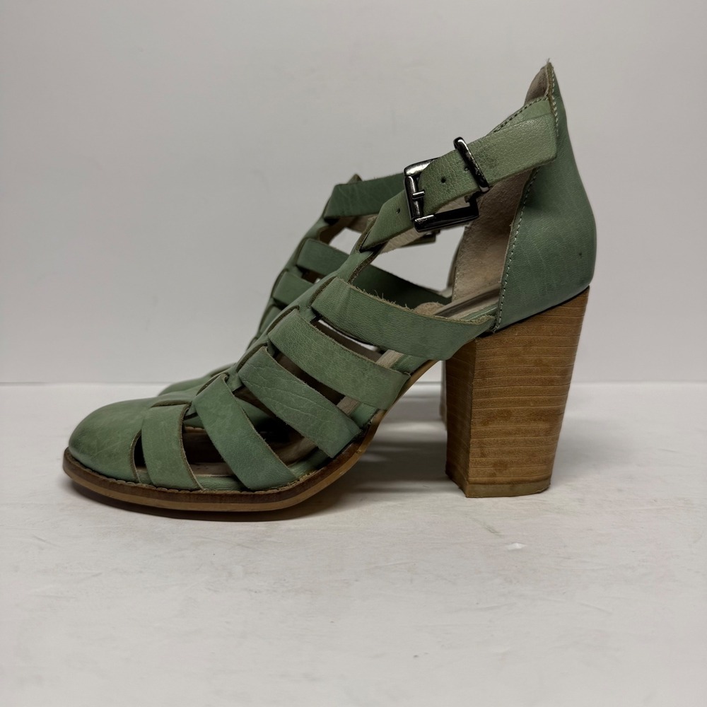 Seychelles Sage Green Leather Caged Gladiator Block Heel Sandals Size 8 - Picture 6 of 9